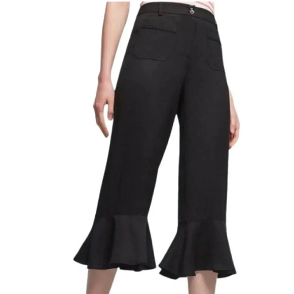 Anthropologie Elevenses Womens Size  2 Linen Ruffle Hem Cropped Pant In Black - Picture 1 of 14